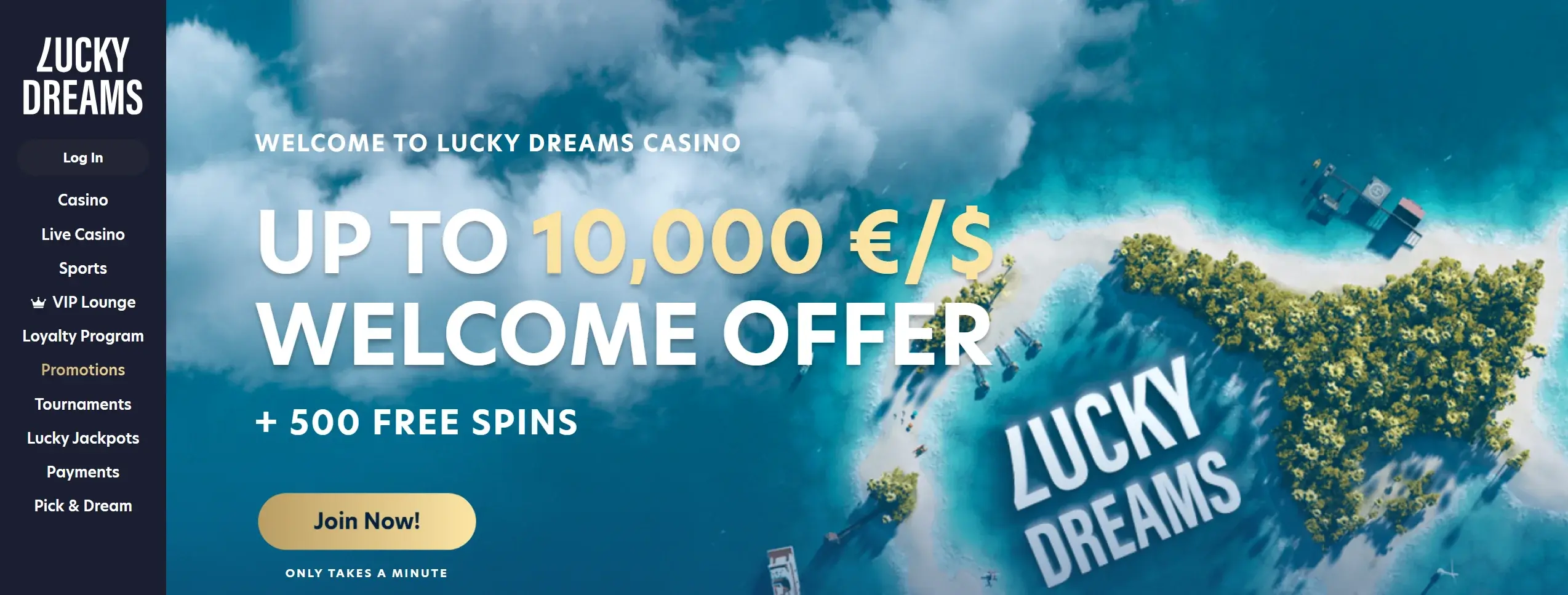 Lucky Dreams casino homepage showing welcome bonus offer and main site navigation